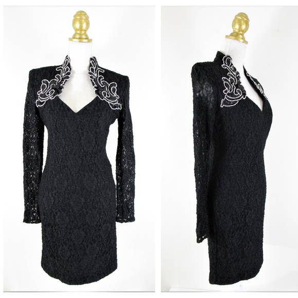 lew magram Dresses & Skirts - Vintage Lew Magram Black Lace Sequin Sheath Dress